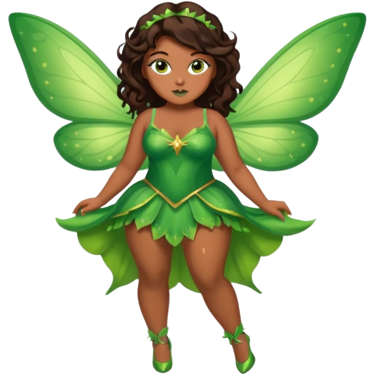 Pretty thick girl with caramel skin. Dark brown hair and brown eyes. She has freckles. Wearing sexy makeup. Wearing a green fairy costume and heels and flying emoji
