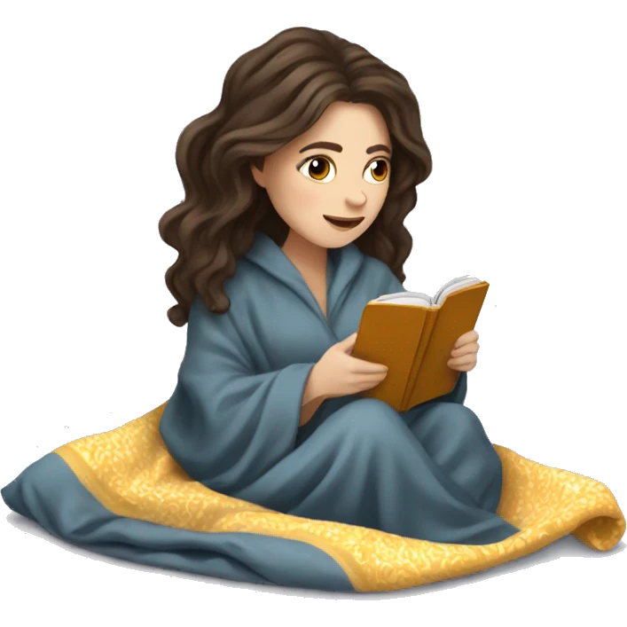 White girl, brunette wavy hair, reading kindle under a blanket emoji
