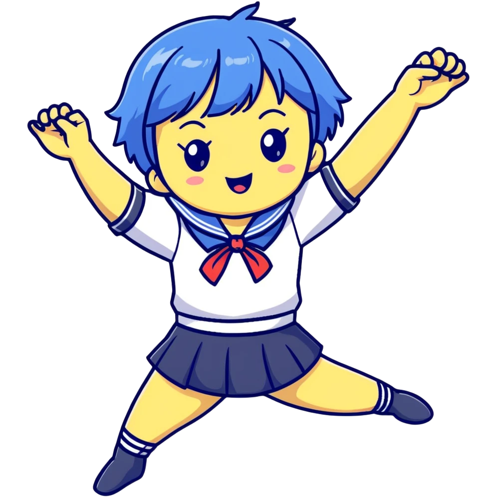 Energetic anime girl with short blue hair wearing Japanese sailor style school uniform, jumping excitedly with arms raised, very cheerful, kawaii style emoji
