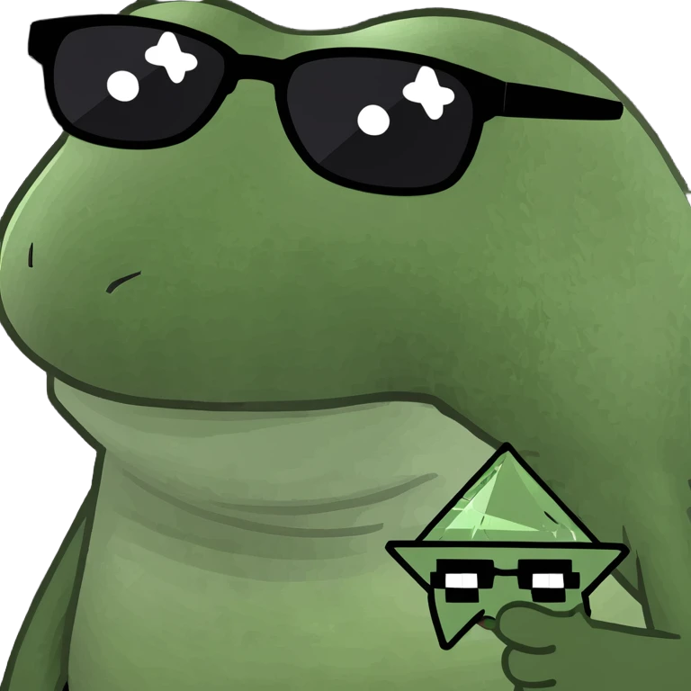 bufo with triangle shaped 8 bit sunglasses full black, confident smile, with a mini black star in his hand emoji