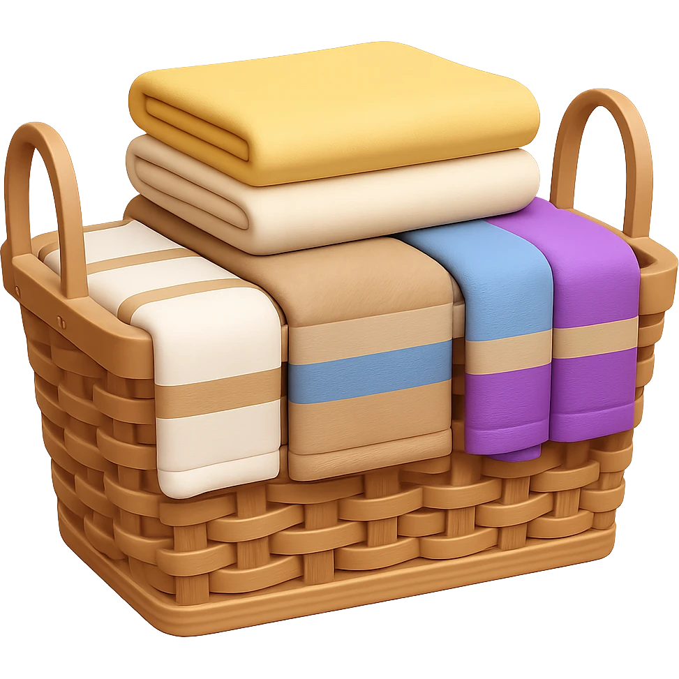 Add folded towels on top of the socks draped over towels in the wicker laundry basket in emoji style, no background. emoji