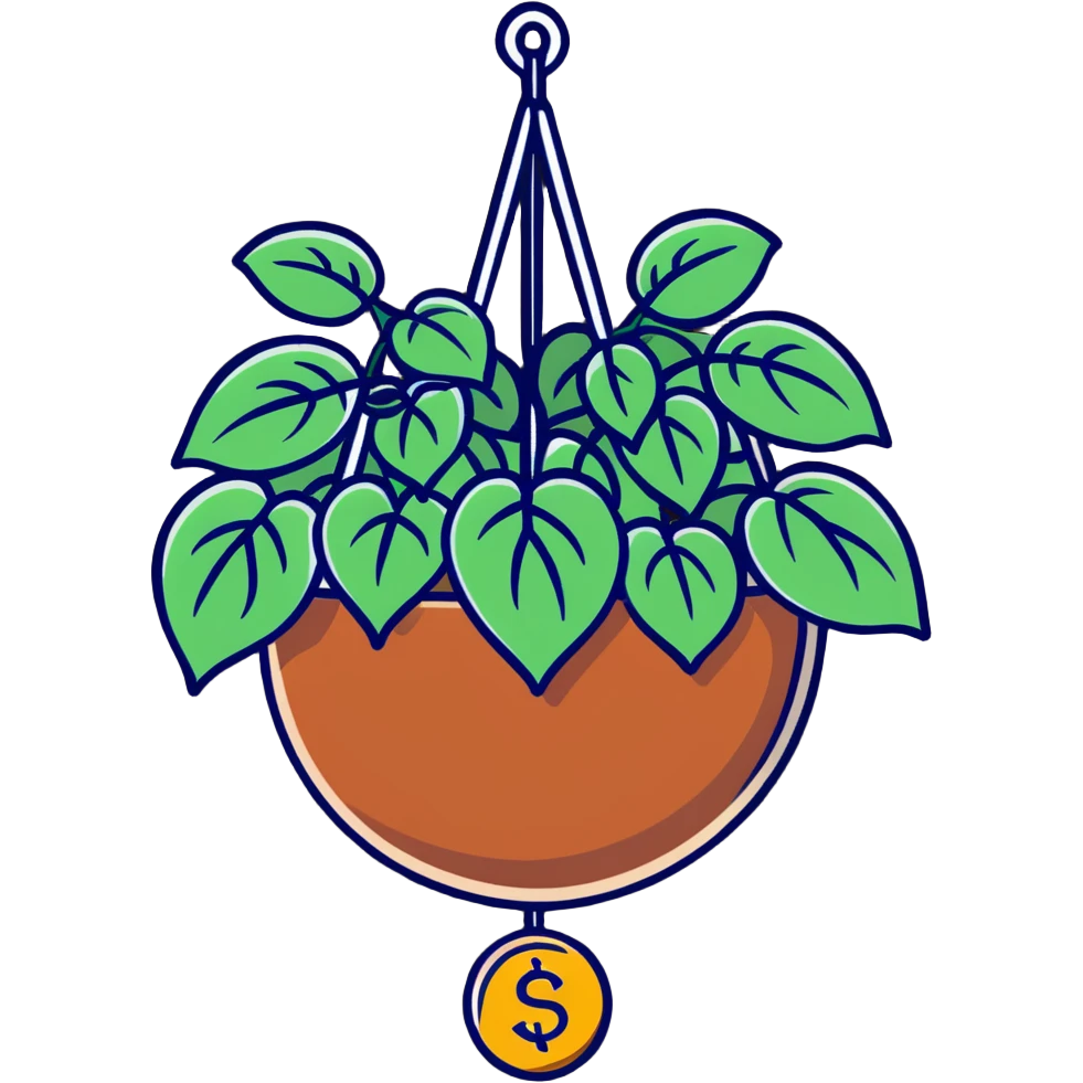 Plectranthus Verticillatus with cascading vines and perfect circle-shaped leaves like coins in a coconut fiber hanging basket emoji
