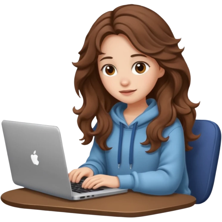 make a picture in ios 18 style of a girl with brown long wavy hair wearing cozy clothes and working on a laptop emoji