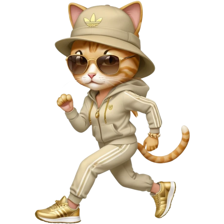 female cat with strong Run DMC hip-hop vibes, bold tracksuit, Adidas sneakers, gold chains, fedora hat, dark sunglasses, jogging upright emoji