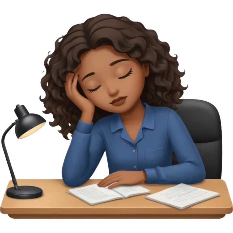 Pretty black model, brown eyes, soft wavy hair, falling asleep at desk emoji