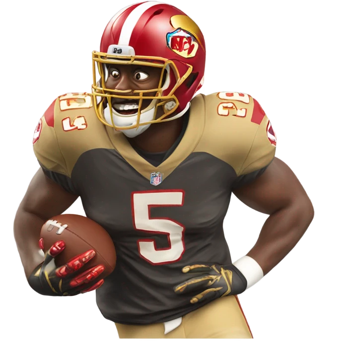 The face of an NFL player who has a red and gold jersey and his number 54 and is laughing as hard as he possibly can emoji