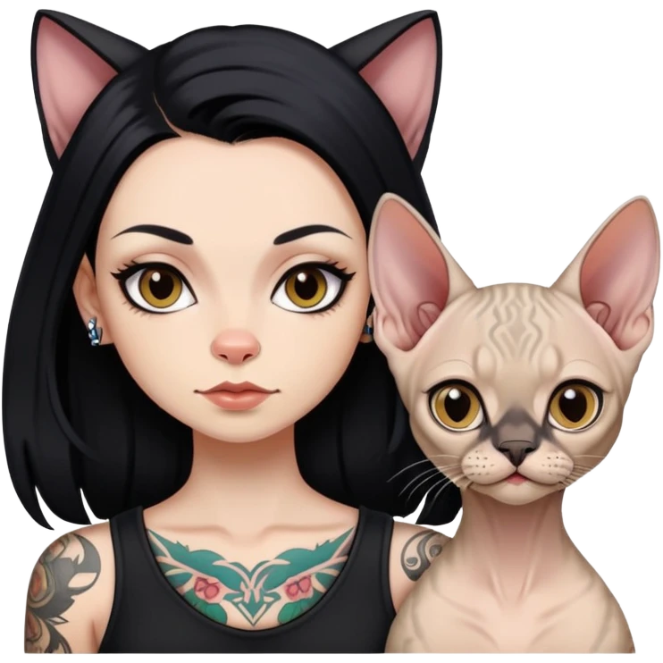 white girl with long black  straight hair and tattoos and  a Devon rex emoji