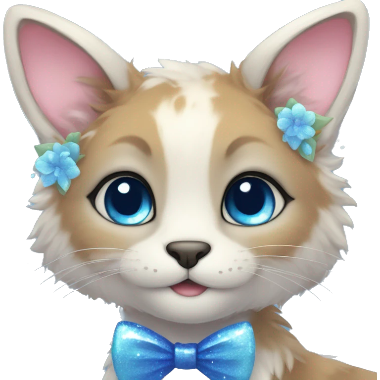 Anthro Cute Cool Kawaii gorgeous sparkly ethereal fantasy animal creature with blue eyes furry sona with flowers and bow tie beautiful aesthetic emoji