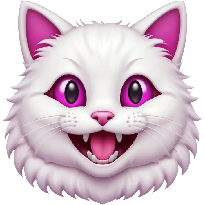 White cat, very happy open mouth smile, fangs showing, magenta eyes, black background, cute cartoon style emoji