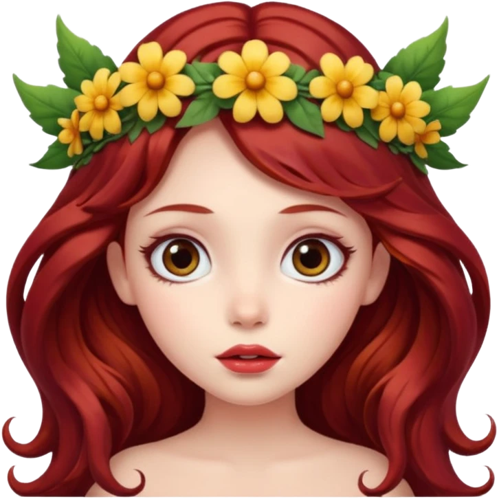 long and wavy dark red haired girl, with thick lips, big eyes and she looks like a fairy emoji