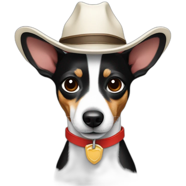 rat terrier wearing a cowboy hat and red collar smiling no brown (black and white) emoji