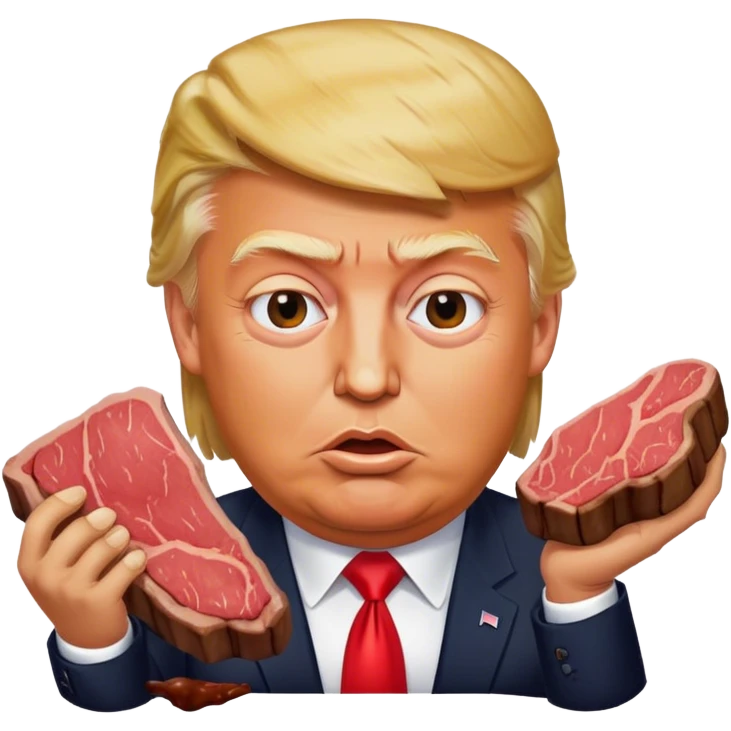 photorealistic Donald Trump eating a steak shaped like an piece of land emoji