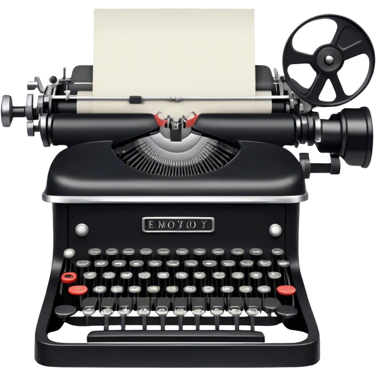 Create an emoji representing screenwriting. The design should feature an open script with visible dialogue and action lines, symbolizing the writing of a screenplay. Include a classic typewriter or a modern writing device, such as a laptop, to signify the process of creating a script. Add a cinema camera next to the script to emphasize the cinematic aspect of screenwriting. Use a professional color palette with black, white, and subtle metallic tones. Do not include any emojis or smiley faces. Make the background transparent. emoji