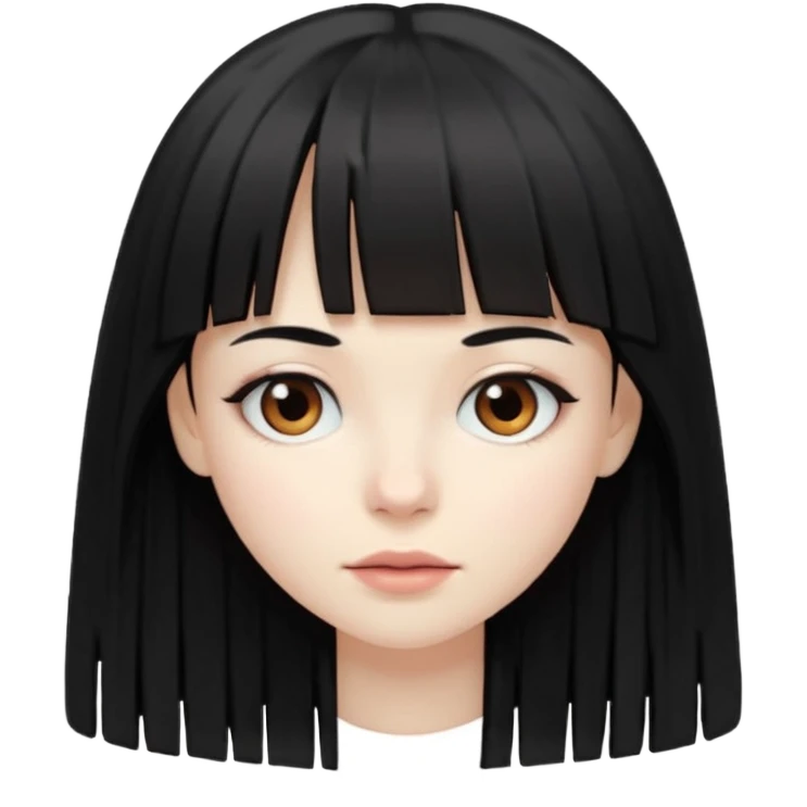 девушка с бледной кожей у неё длиные прямые черные волосы и челка ниже бровей глаза уоричневого цвета emoji