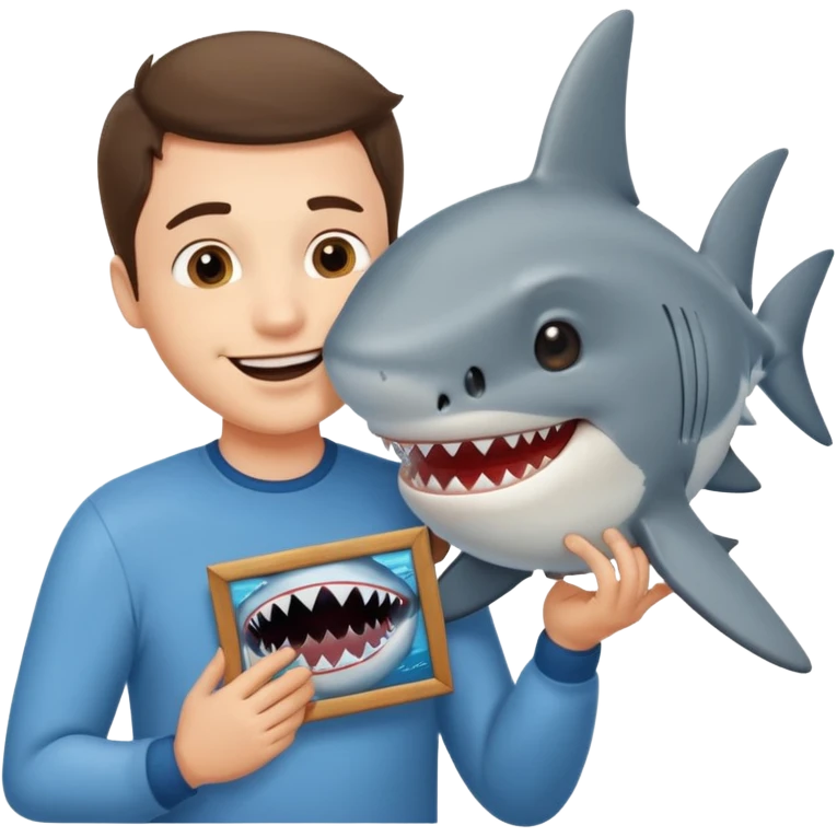 Man kissing a picture of a shark emoji