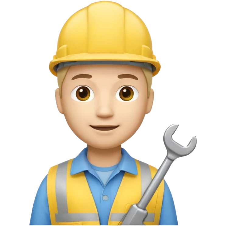 Apple Memoji-style 3D emoji of an engineer wearing a yellow hardhat holding a wrench, soft shading, rounded shapes, no background.
 emoji