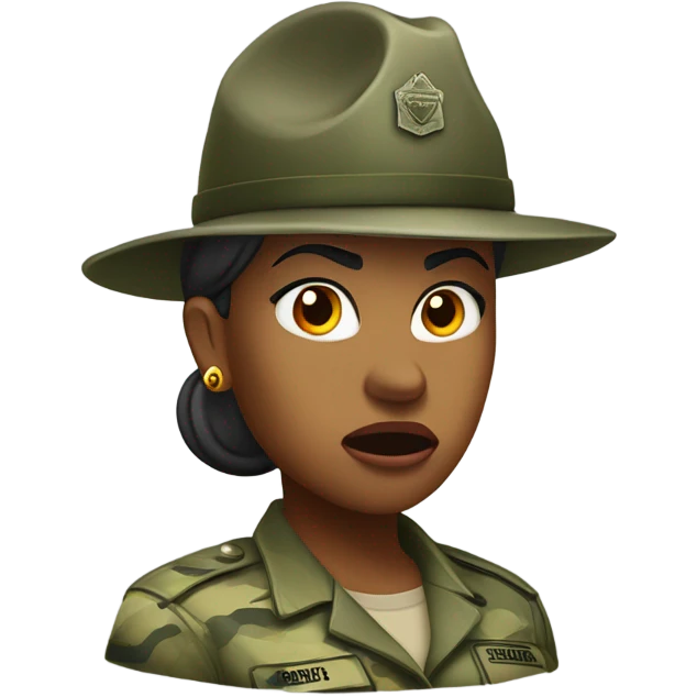 a female drill sergeant showing full torso wearing a classic sergeant hat and a camouflage army shirt. The character should have an angry intense expression.  emoji