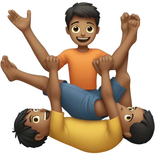 2 boys lifted a boy with their hands and legs emoji