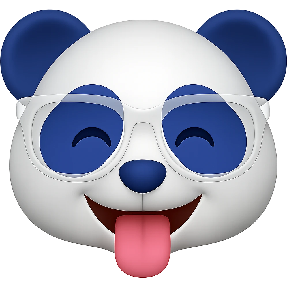 Make the panda's white designer glasses translucent and give the panda a tongue-out playful face, keeping the playful 3D emoji look with white and #002FA7 blue coloring. Remove the background. emoji