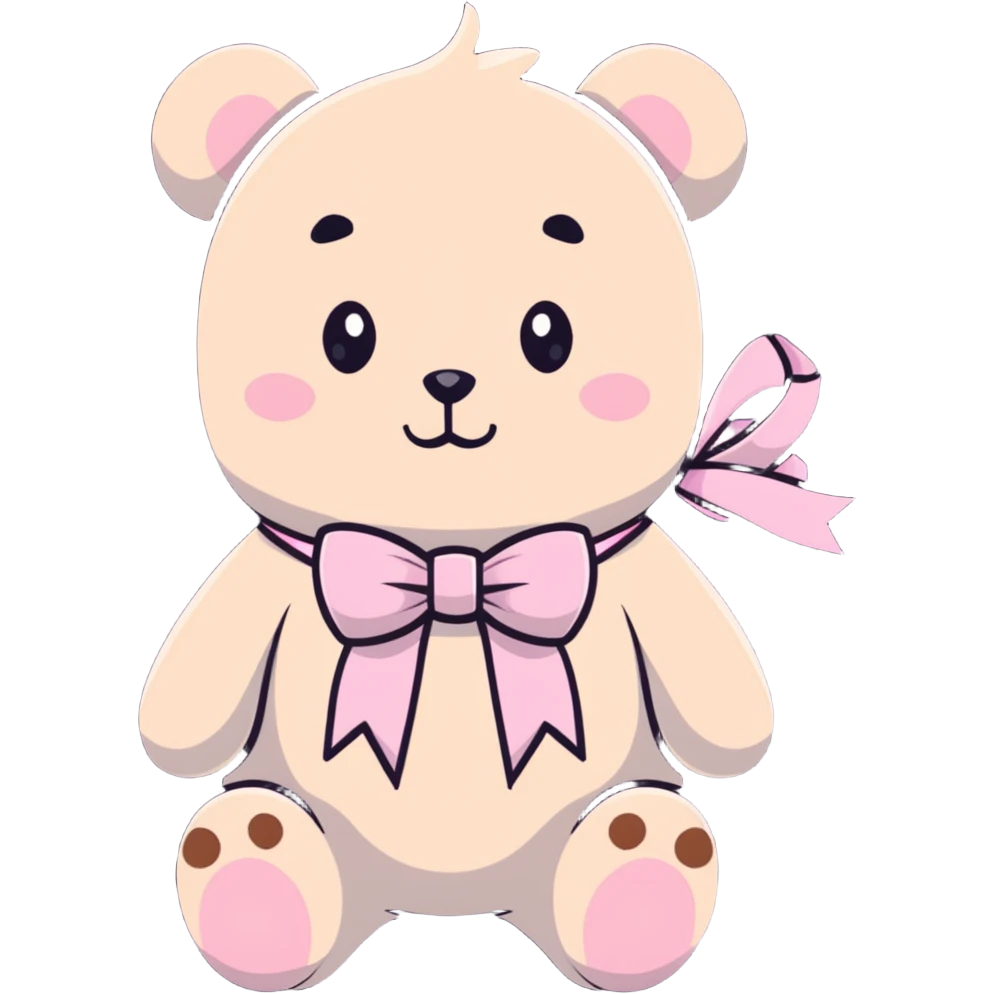 Stuffed teddy bear with light pink ribbon tied in a bow around its neck emoji