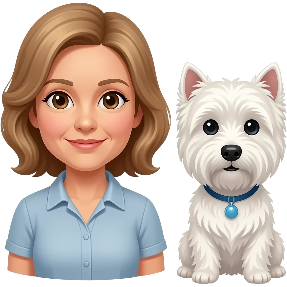 Middle age woman brown eyes , shoulder length light brown hair, with a female westie and a male westie emoji