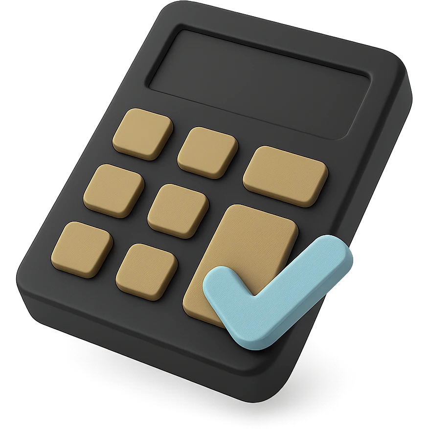 a calculator with a check mark in 3D black style with a light blue check mark emoji