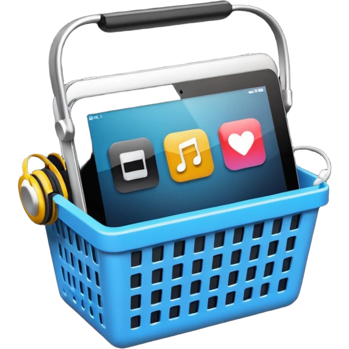 shopping basket filled with technology items such as smartphone, laptop, headphones, and smartwatch emoji