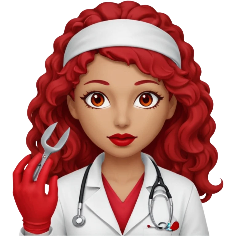 Lilith scalpel in hand, evil surgeon sexy surgeon clothes.  She has red eyes.Her  brown long curly hair. Wears sexy doctor outfit with red gloves. Hides mouth necknose with red bandana to hide her identity. Hair is long and brown emoji