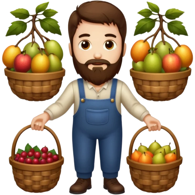 full body man long brown hair brown eyes medium beard white skin holding basket of strange glowing fruits emoji