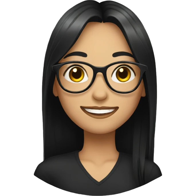 girl wearing black clothes, with long black hair, glasses, smile,  emoji