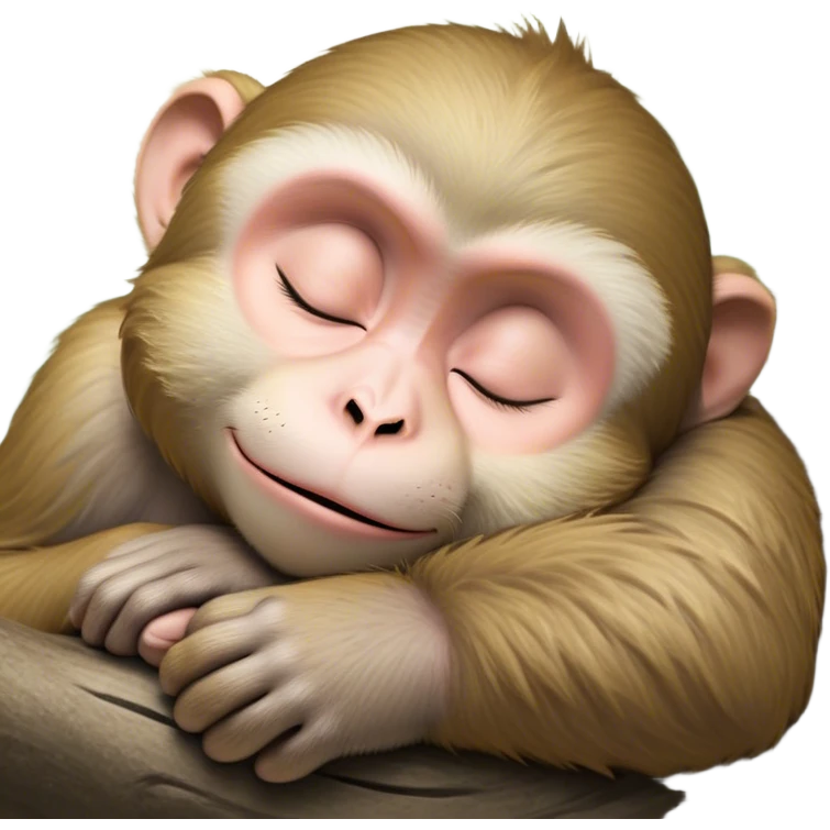 Meme-Worthy cute Sleeping Macaque Portrait Emoji, Head resting peacefully with a contented smile, showcasing soft, downy fur and eyes gently closed in serene slumber, Simplified yet comically adorable features, highly detailed, glowing with a soft, drowsy glow, high shine, relaxed and utterly lovable, stylized with an air of playful laziness, bright and heartwarming, soft glowing outline, capturing the essence of a sleeping macaque that feels destined to become the next viral icon of adorable rest! emoji