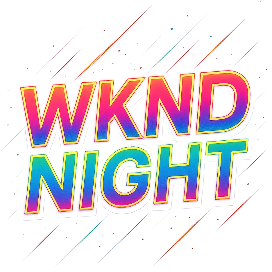 WKND NIGHT in a bold, modern typographic logo, neon colors, energetic party vibe emoji