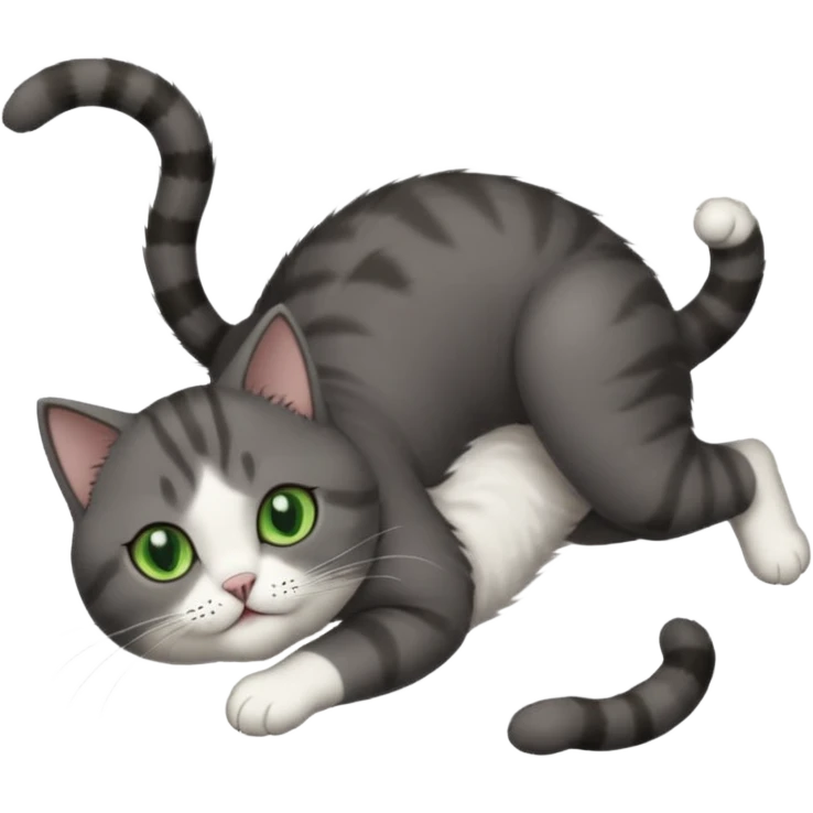 dark grey cat with green eyes, white toes/paws and white patch on her chest playfully rolling upside down emoji