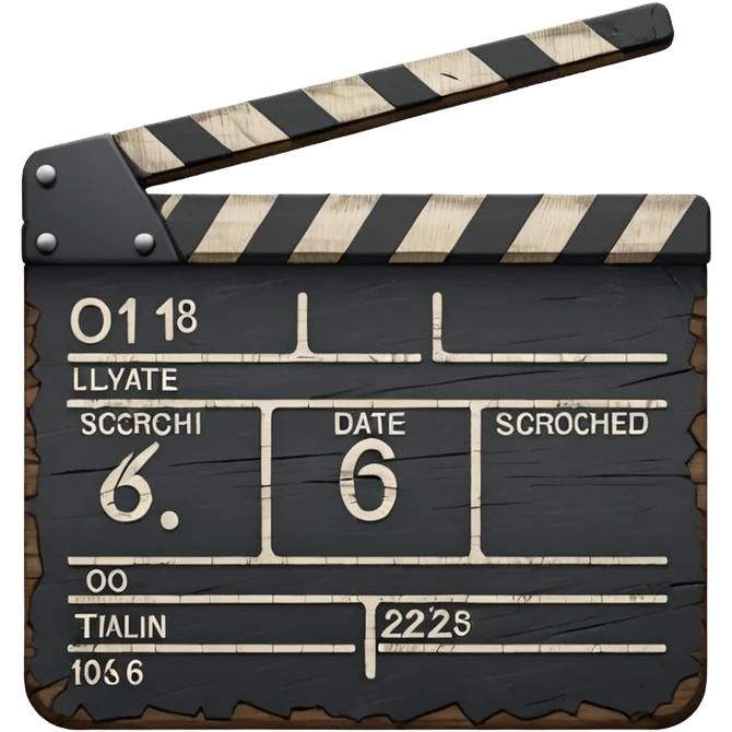 Minimalist emoji-style sticker of a cracked movie clapperboard with the date “06/06/66”, faint scorched marks, all in grayscale


 emoji