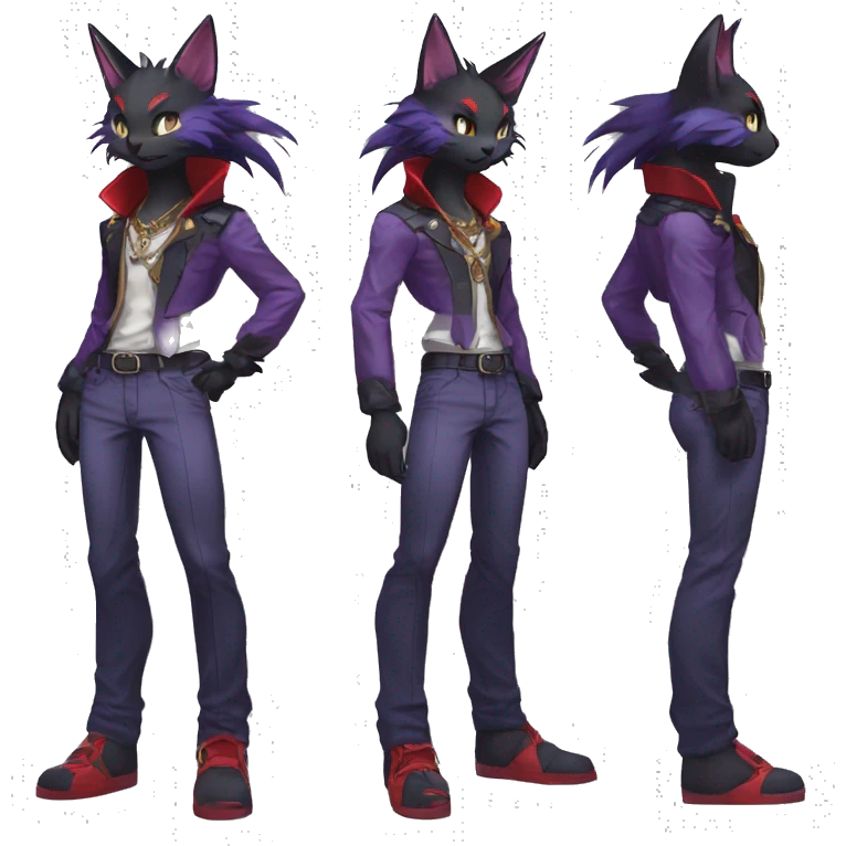 cool edgy anthro godly black purple red ethereal fantasy beautiful elegant nargacuga-Noivern-cat-Fakemon wearing a collar, cargo pants, full body emoji