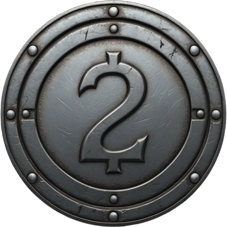 Minimal emoji, gothic metal coin made of black steel, engraved number 2 at the center, ancient industrial aesthetic, worn metal texture, no glow, no neon, flat emoji design, centered, transparent background emoji