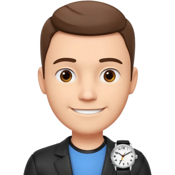 man wearing a black strap watch portrait, head and shoulders only, round face, soft jawline, friendly smile, black leather strap watch visible, 3D cartoon, mobile game icon style, clean background, no text, no watermark emoji