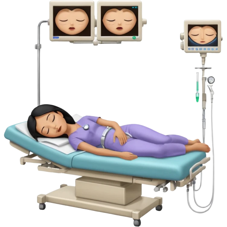 A black-haired woman in her 50s lying on an examination bed with eyes closed, shown in a wide, full-body shot in a clean colonoscopy procedure room. Only the patient is visible. emoji