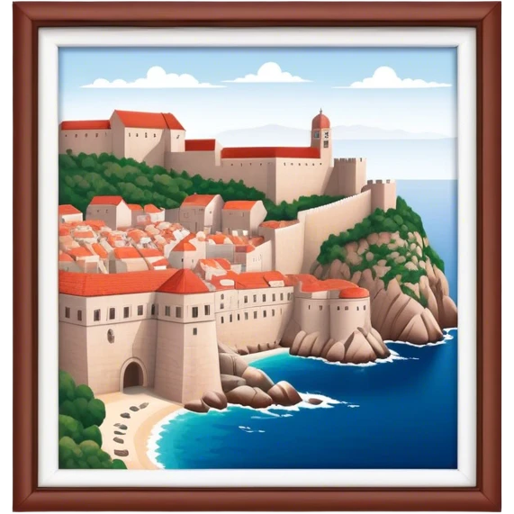 Cinematic Realistic Dubrovnik Landmark Emoji, depicted with historic fortified walls and red‚Äêtiled roofs rendered with intricate detail and dynamic, coastal lighting. emoji