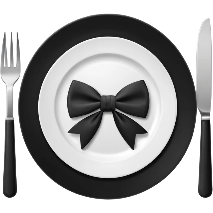 Minimalistic flat vector icon, iOS style, thin black contour on white background. Fork and knife crossed on a plate with a small bow tie above. Clean, no text, no shadows emoji