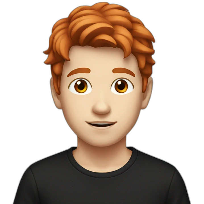 A white teenager boy with big brown eyes and middle-parted red hair, wearing a black T-shirt. emoji
