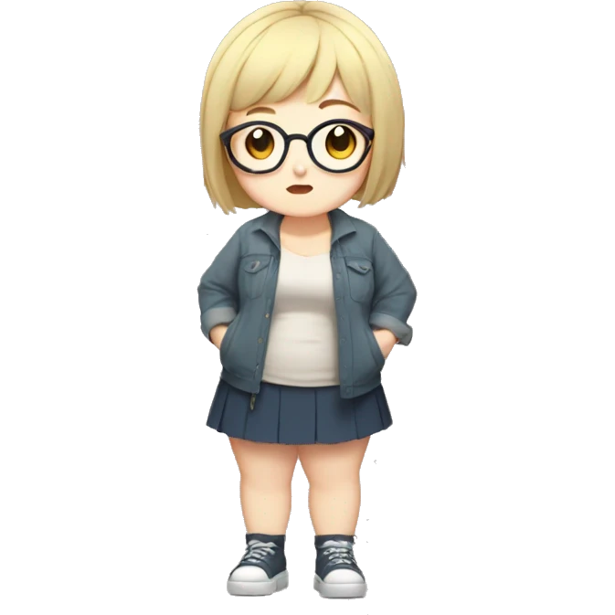 Chubby anime girl with glasses and short blonde hair, full body wearing cute clothes emoji