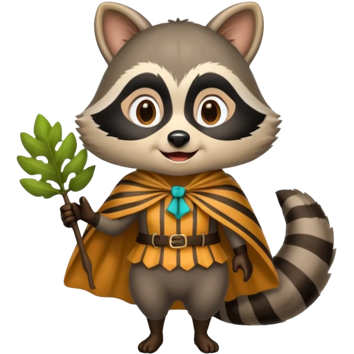 forest emoji woman dressed as raccoon trickster, striped tail cape, playful grin emoji