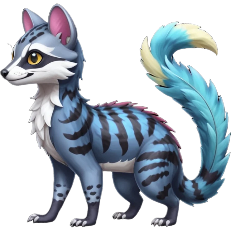 Colorful dark tropical exotic cute cool beautiful shiny beautiful fantasy-civet-genet-sergal-vernid-Gryphon-Cacomistle-Trico-oncilla-animal-Fakémon-hybrid-fursona (full body) emoji