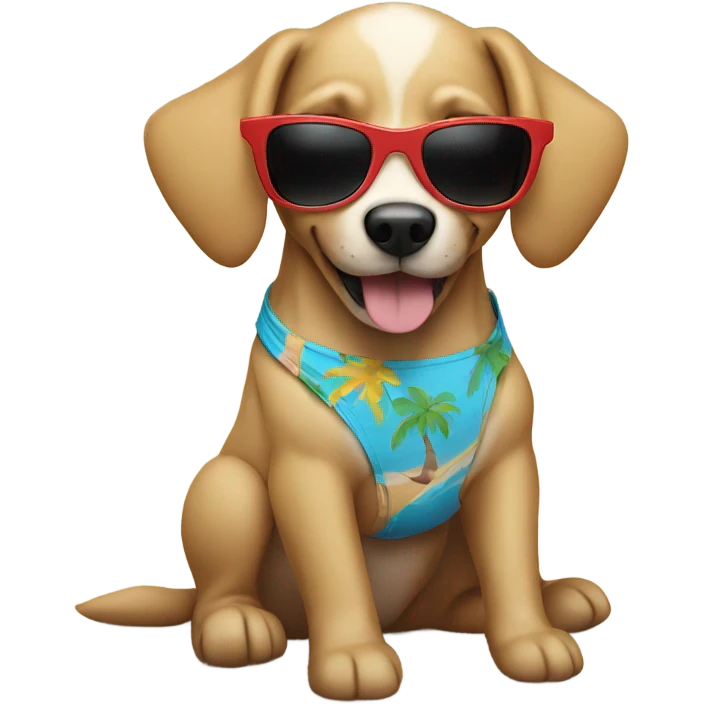Dog on a beach with sunglasses and bikini emoji