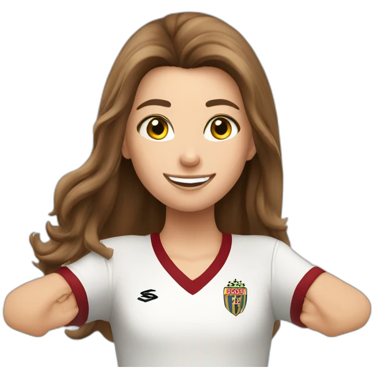 Caucasian girl with long Brown hair doing cr7 celebration as stores a gol emoji