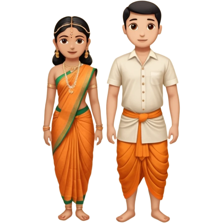 31 years young and small Brahmin boy with traditional formal cotton shirt and cotton lungi is pleasent peaceful thankful to 18 years young and fat and tall Brahmin girl with the complete decoration of bharatanatyam as godess lakshmi devi. emoji