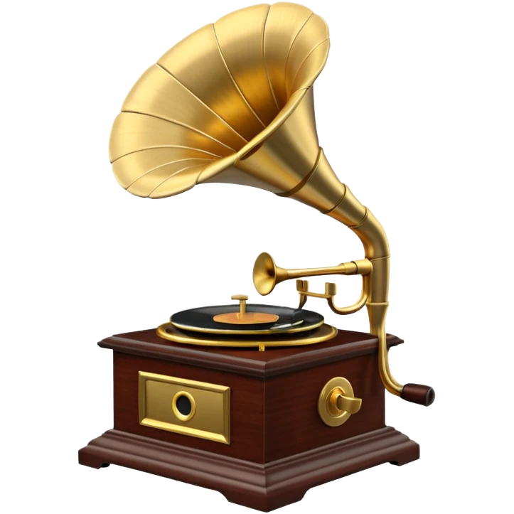 3D render of Gramophone, vintage 1980s audio equipment aesthetic, tactile analog buttons, polished brass gold horn with a dark mahogany wood base, mixed wood grain and brushed aluminum textures, Apple emoji style, isolated on white background --v 6.0 emoji