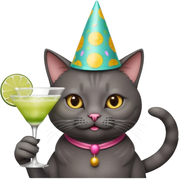 An old, dark grey cat is wearing a party hat, and drinking a margarita. emoji