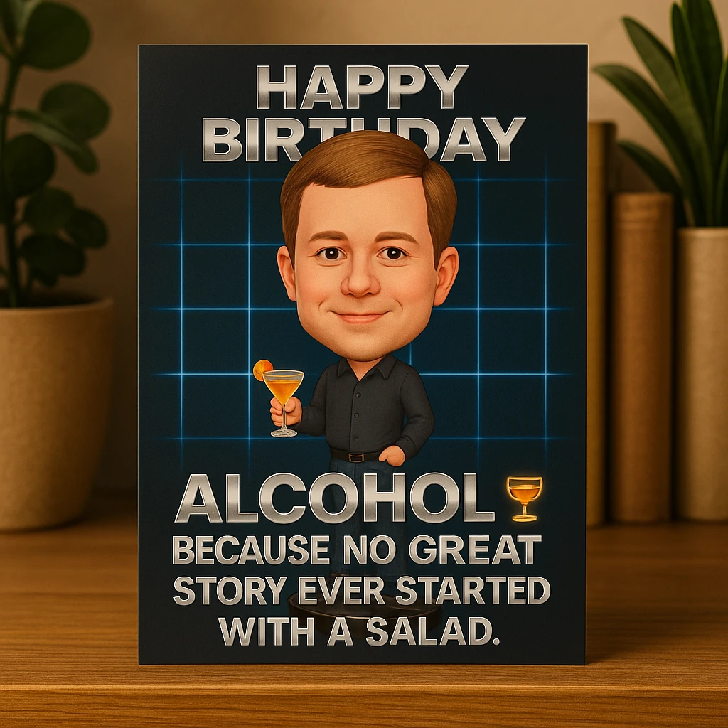 birthday card featuring Dylan as a bobblehead character, minimal neon grid background, one drink icon, bold chrome text with the quote 'Alcohol—because no great story ever started with a salad.', clean limited color palette emoji